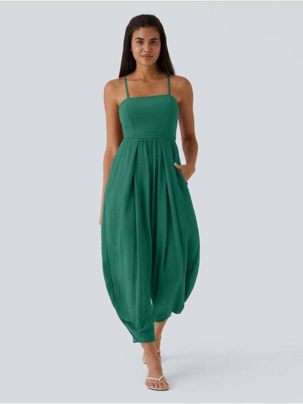 Halara Spaghetti-Strap Lace up Pocket Jumpsuit Sz Large in Quiet Pool Green NWOT